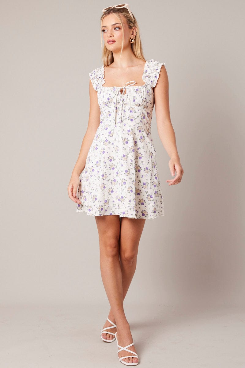 Purple Floral Fit And Flare Dress Mini for Ally Fashion