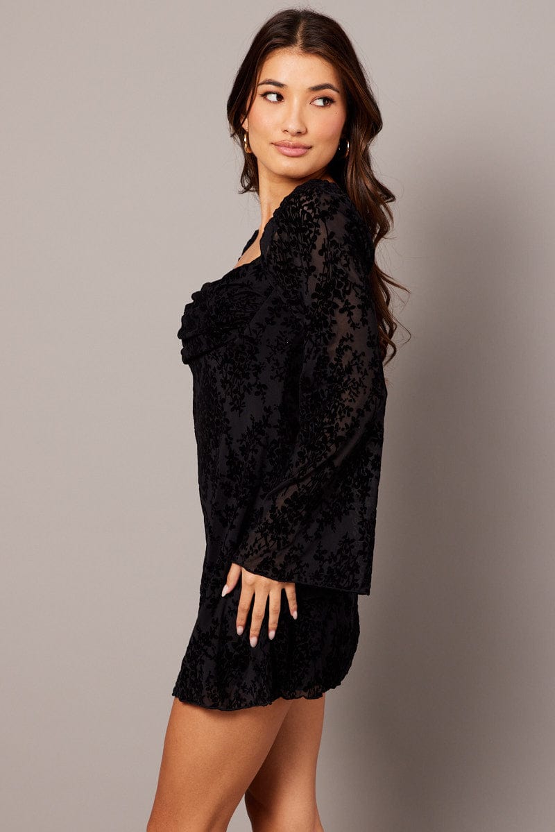 Black Mini Dress Long Sleeve Burnout for Ally Fashion