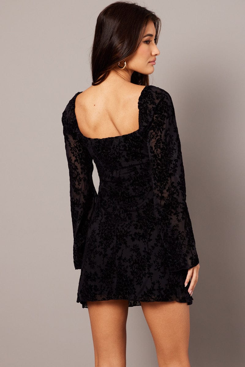 Black Mini Dress Long Sleeve Burnout for Ally Fashion