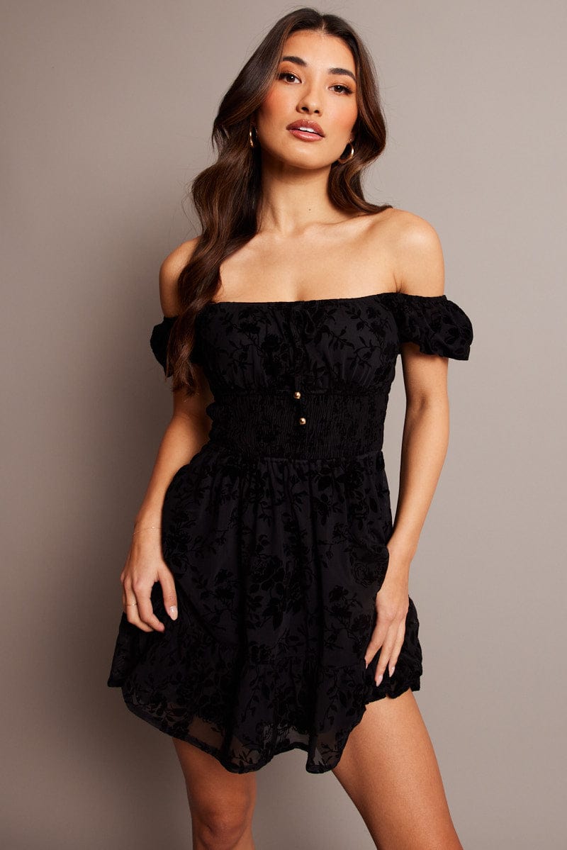 Black Fit And Flare Dress Puff Sleeve Mini Burn Out for Ally Fashion