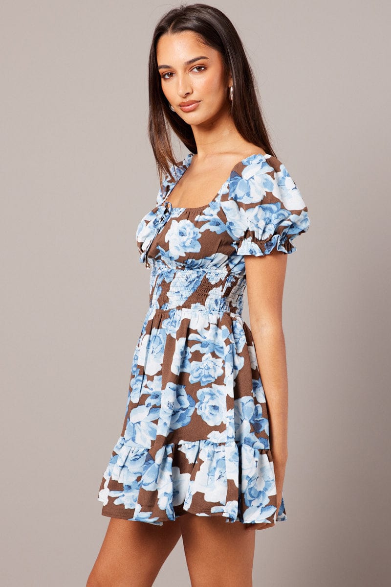 Multi Floral Fit And Flare Dress Puff Sleeve Mini Floral print for Ally Fashion