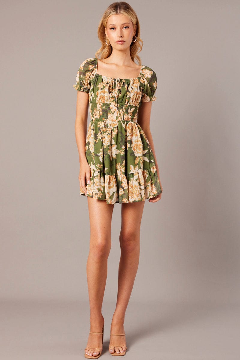 Green Floral Fit And Flare Dress Puff Sleeve Mini Floral print for Ally Fashion