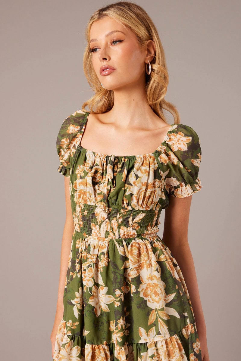 Green Floral Fit And Flare Dress Puff Sleeve Mini Floral print for Ally Fashion