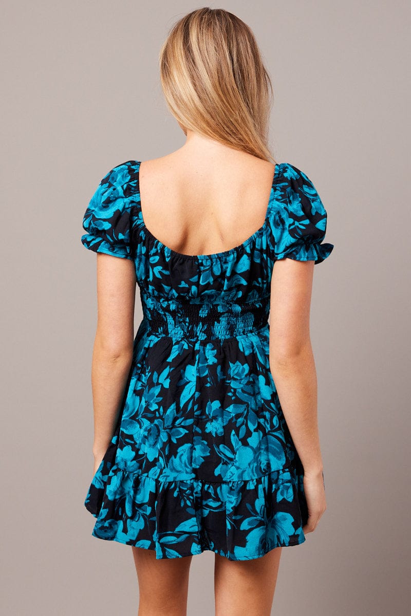 Blue Floral Fit And Flare Dress Puff Sleeve Mini for Ally Fashion