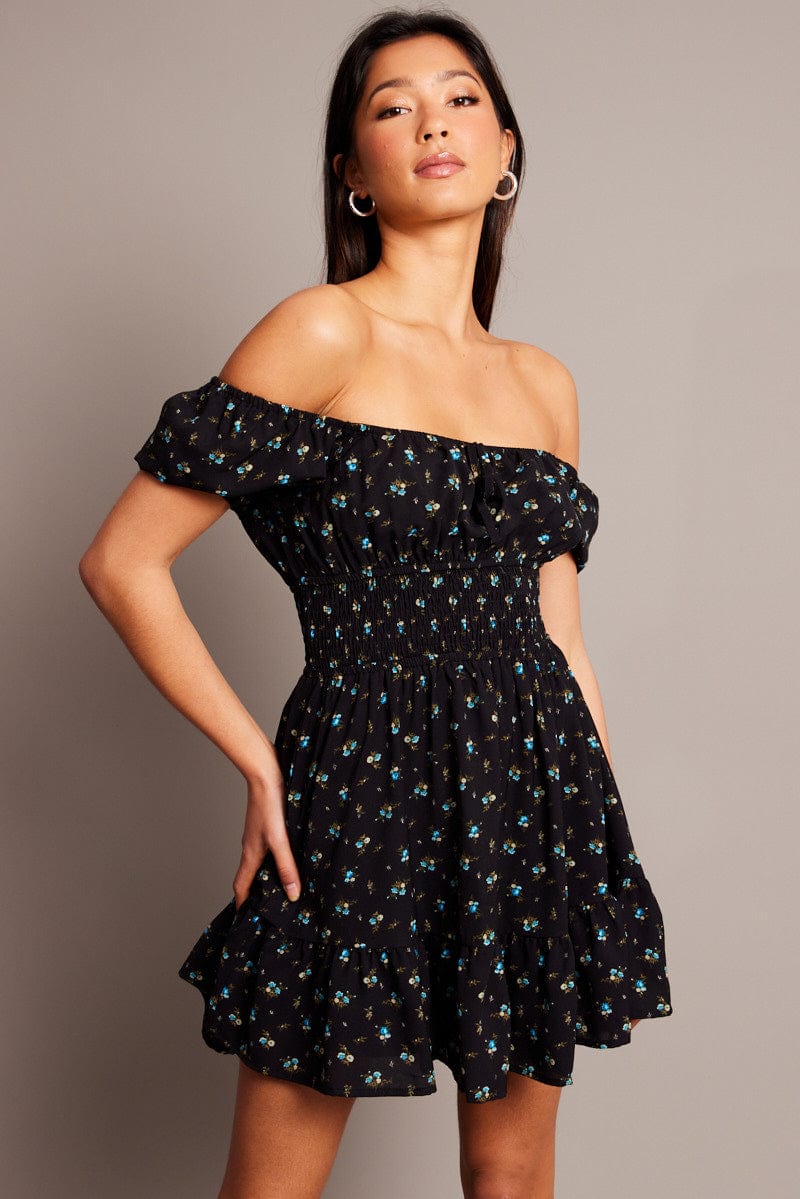 Black Ditsy Fit And Flare Dress Mini for Ally Fashion