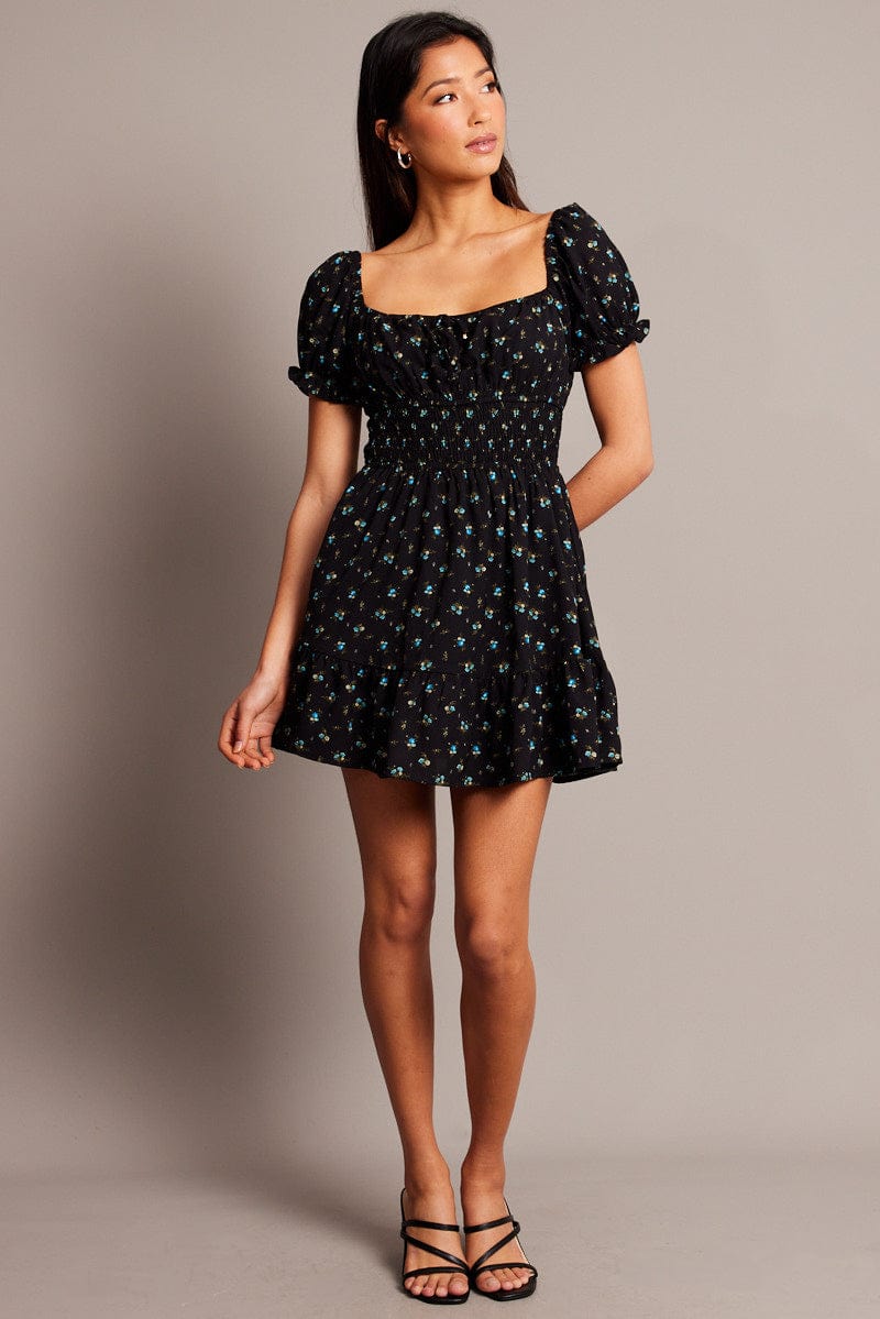 Black Ditsy Fit And Flare Dress Mini for Ally Fashion