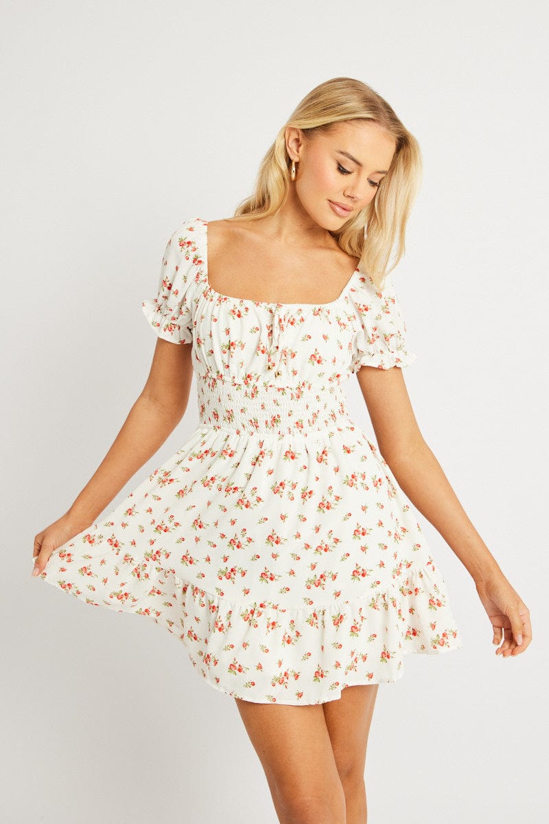 White Ditsy Fit And Flare Dress Mini for Ally Fashion