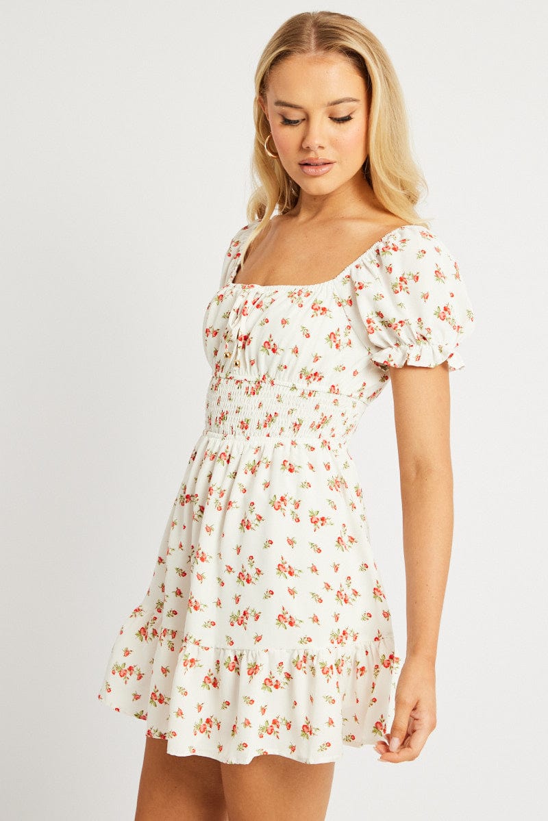 White Ditsy Fit And Flare Dress Mini for Ally Fashion