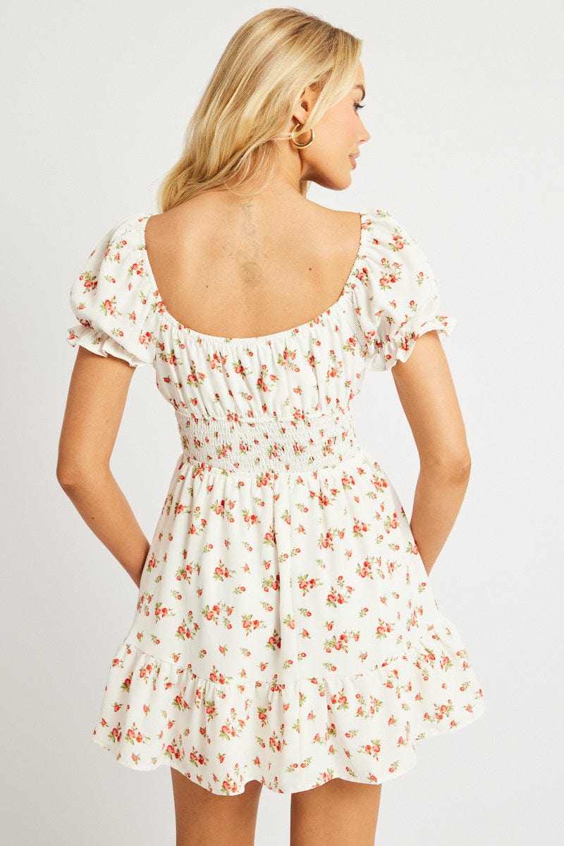 White Ditsy Fit And Flare Dress Mini for Ally Fashion