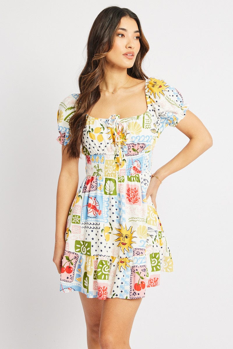 Multi Abstract Fit And Flare Dress Mini for Ally Fashion