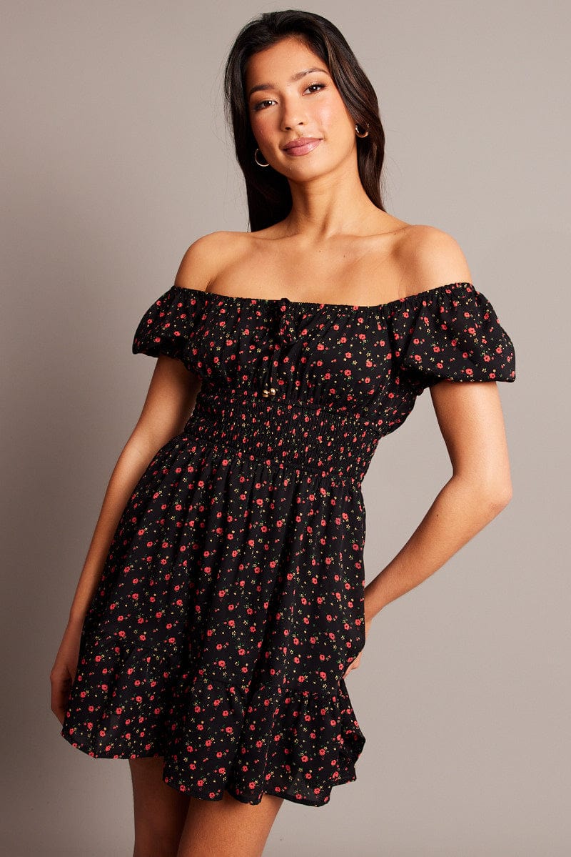 Black Ditsy Fit And Flare Dress Mini for Ally Fashion