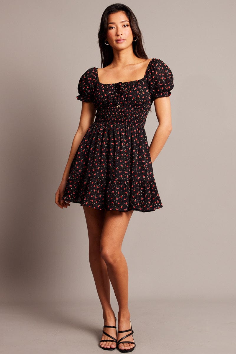 Black Ditsy Fit And Flare Dress Mini for Ally Fashion