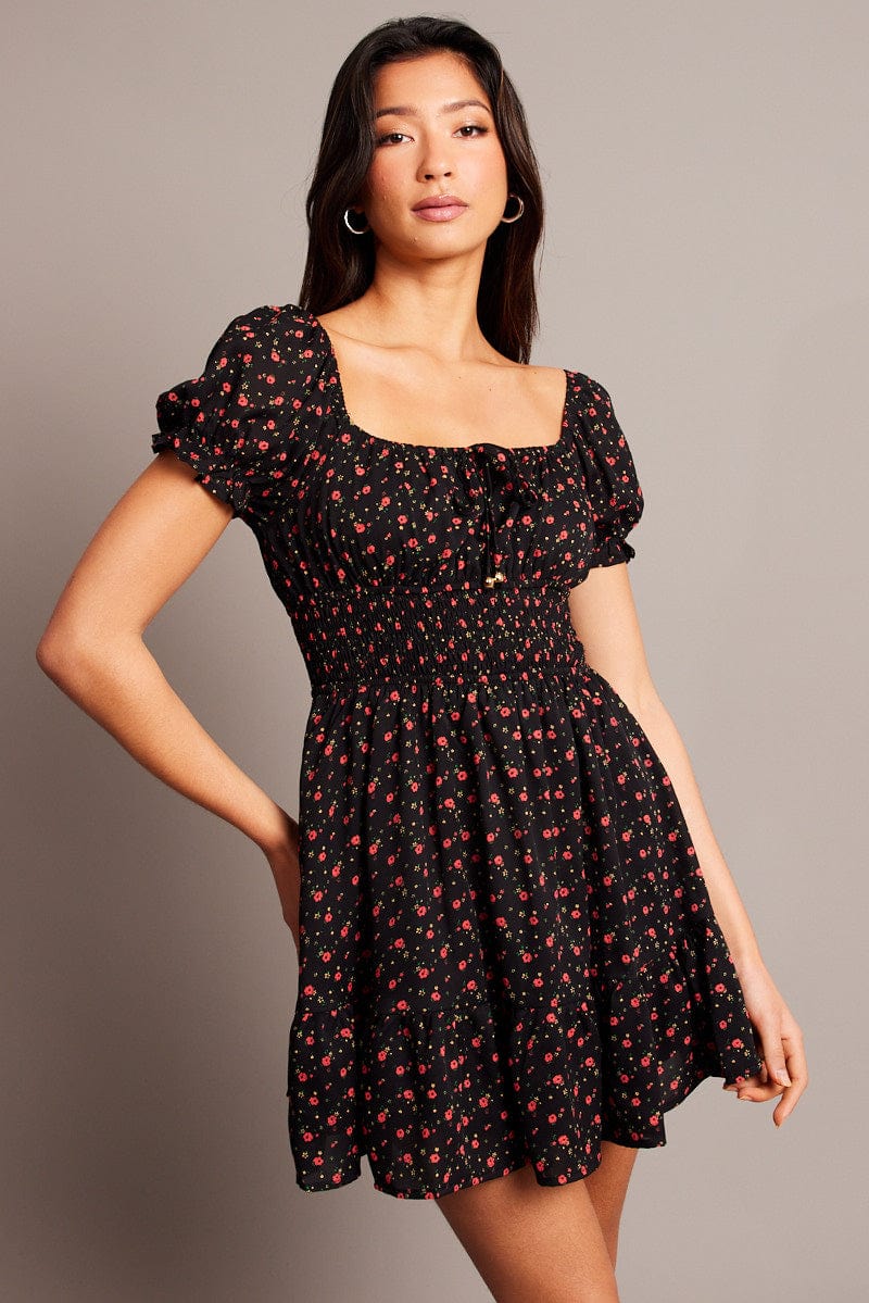 Black Ditsy Fit And Flare Dress Mini for Ally Fashion