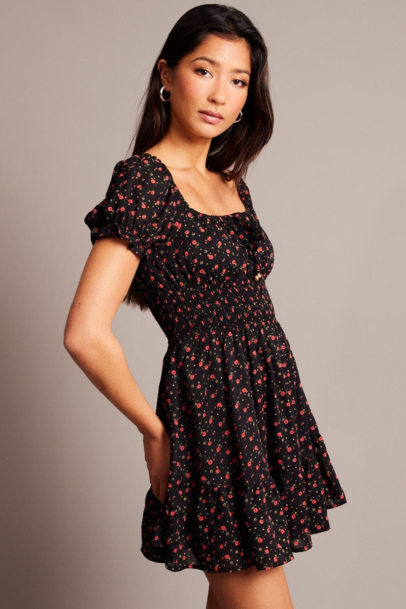 Black Ditsy Fit And Flare Dress Mini for Ally Fashion