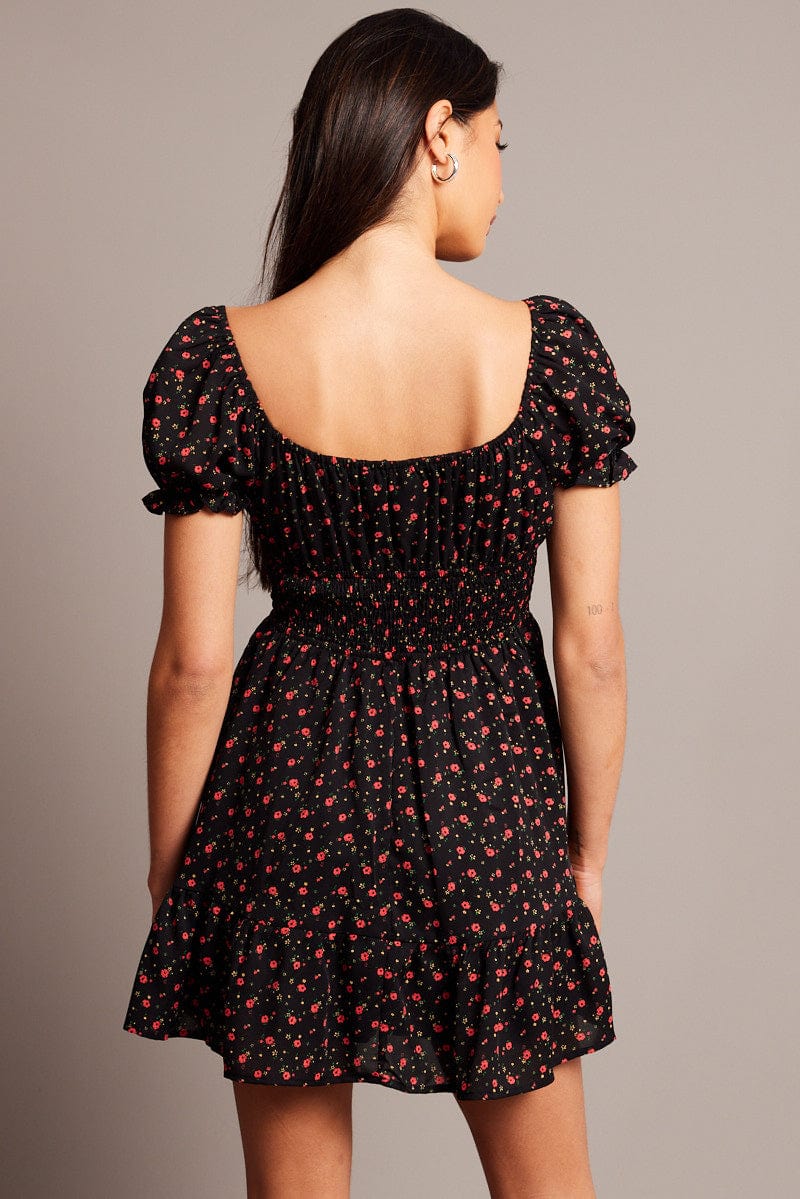 Black Ditsy Fit And Flare Dress Mini for Ally Fashion