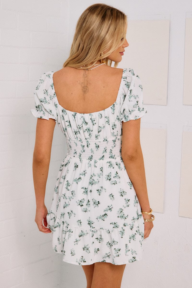 Green Floral Fit And Flare Dress Mini for Ally Fashion