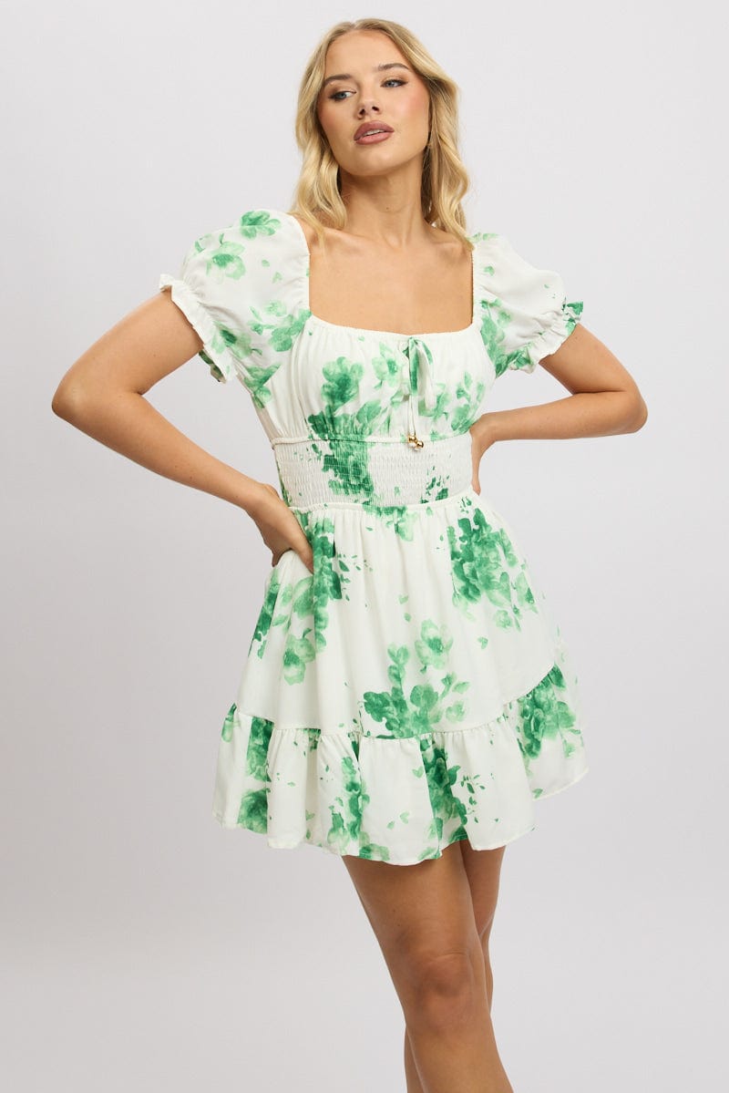 Green Floral Fit And Flare Dress Mini for Ally Fashion