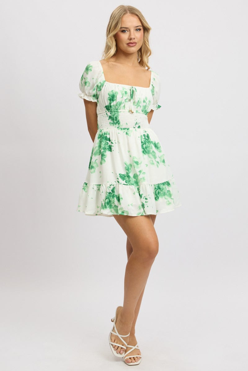 Green Floral Fit And Flare Dress Mini for Ally Fashion