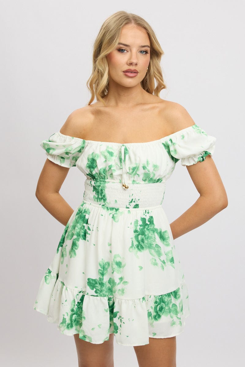 Green Floral Fit And Flare Dress Mini for Ally Fashion