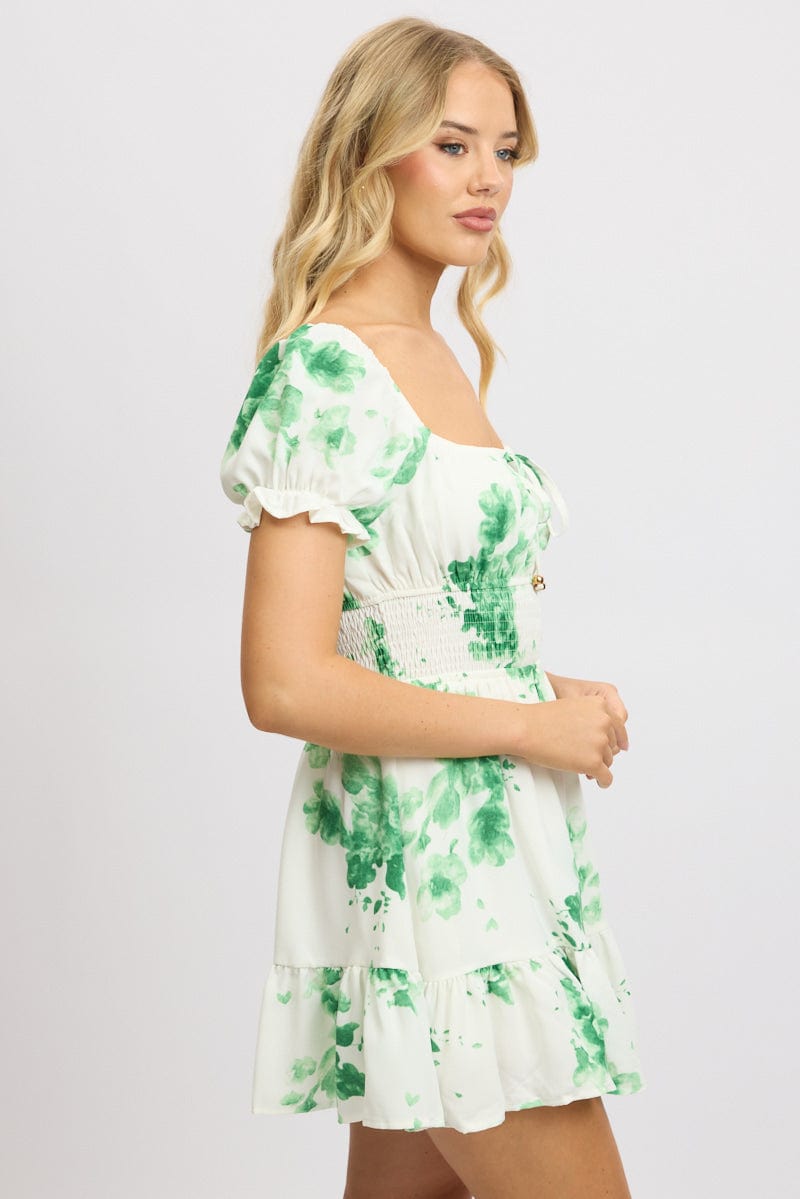 Green Floral Fit And Flare Dress Mini for Ally Fashion