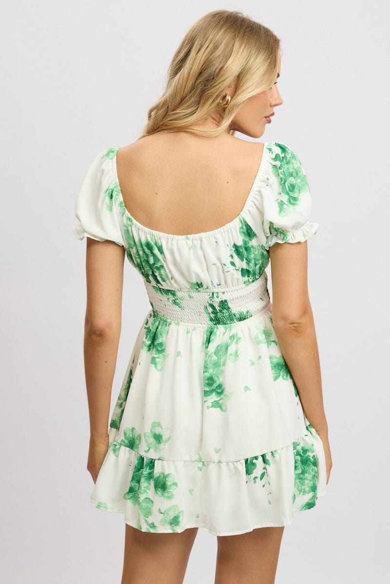 Green Floral Fit And Flare Dress Mini for Ally Fashion