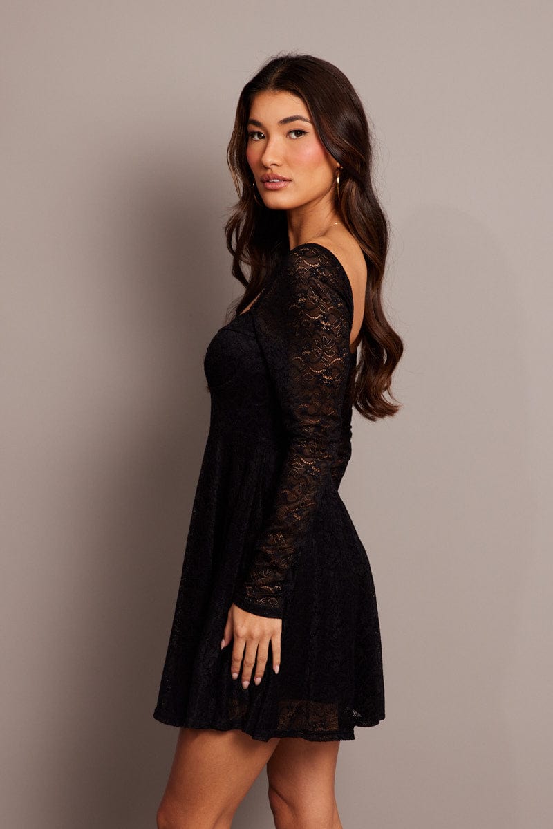 Black Fit And Flare Dress Long Sleeve Lace for Ally Fashion