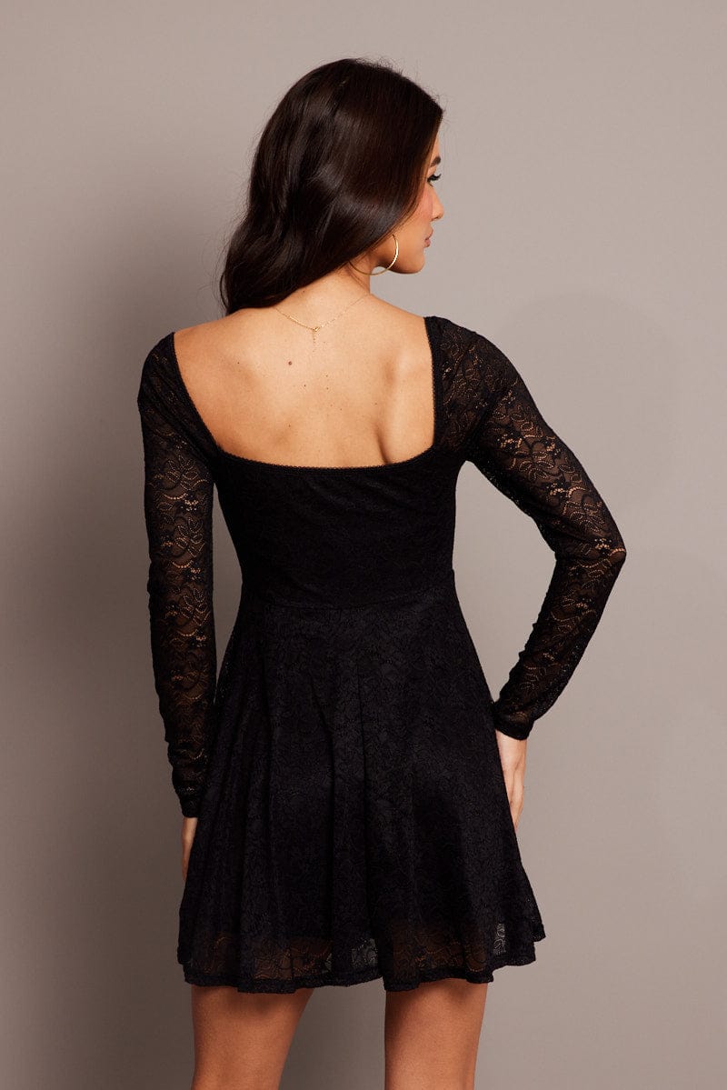 Black Fit And Flare Dress Long Sleeve Lace for Ally Fashion