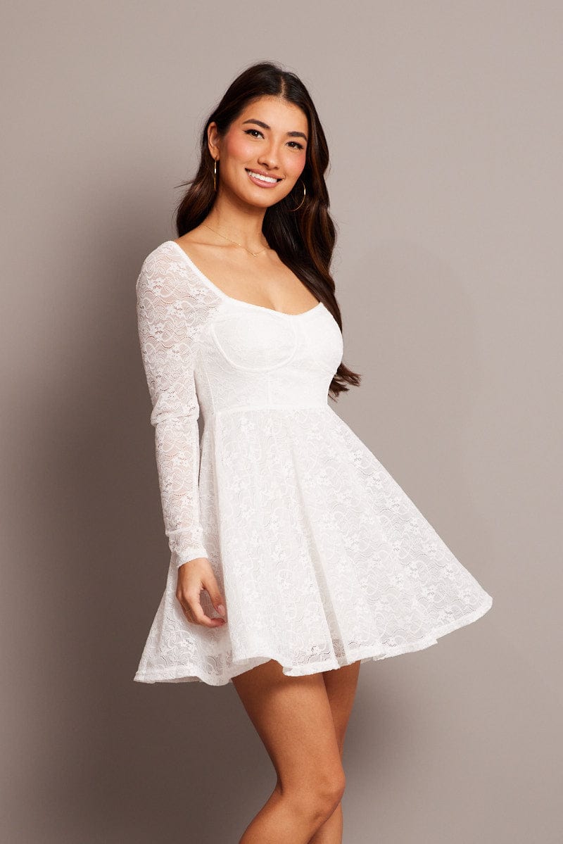 White Fit And Flare Dress Long Sleeve Lace for Ally Fashion