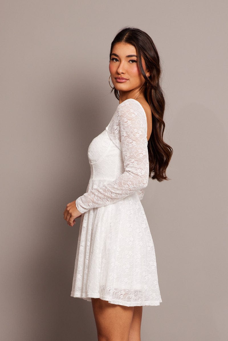 White Fit And Flare Dress Long Sleeve Lace Ally Fashion