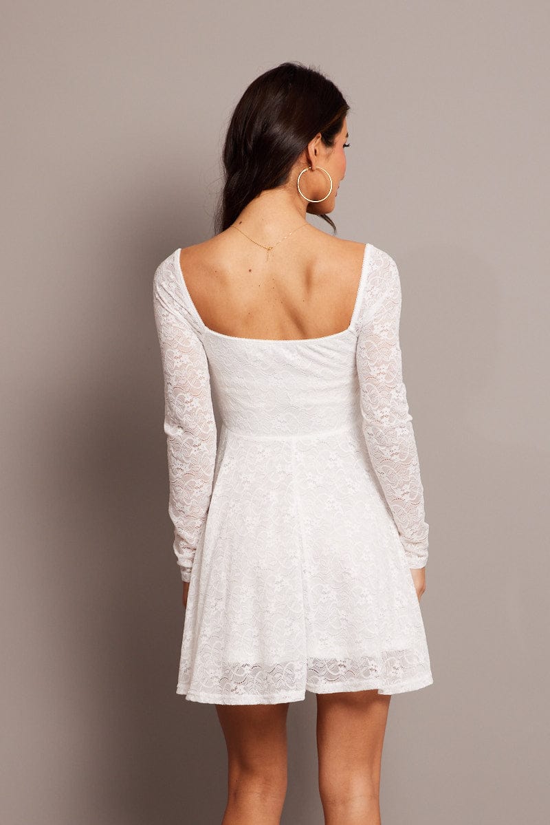 White Fit And Flare Dress Long Sleeve Lace for Ally Fashion