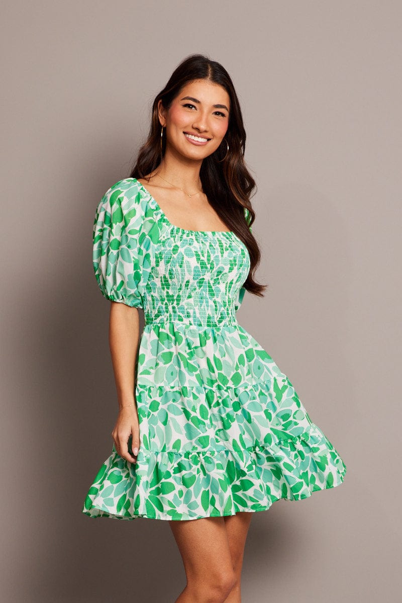 Green Floral Fit And Flare Dress Puff Sleeve for Ally Fashion