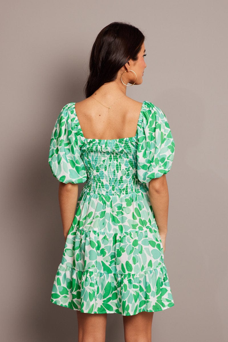 Green Floral Fit And Flare Dress Puff Sleeve for Ally Fashion