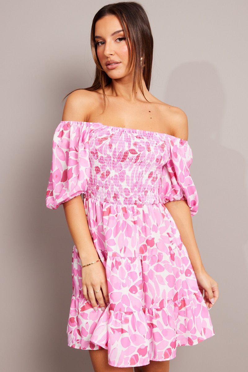 Pink Floral Fit And Flare Dress Puff Sleeve for Ally Fashion