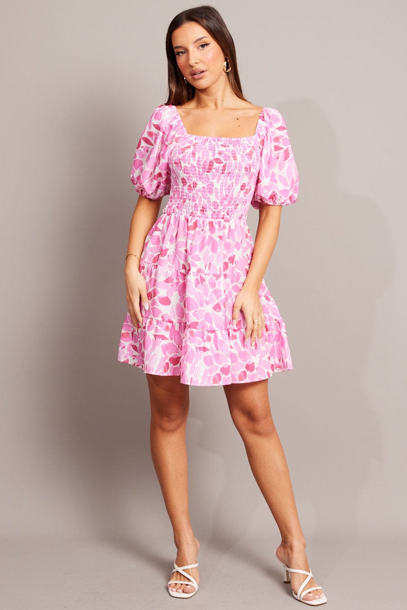 Pink Floral Fit And Flare Dress Puff Sleeve for Ally Fashion