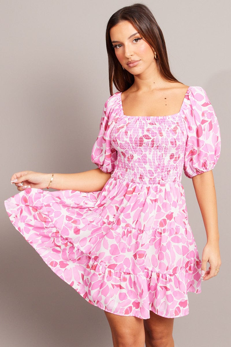 Pink Floral Fit And Flare Dress Puff Sleeve for Ally Fashion