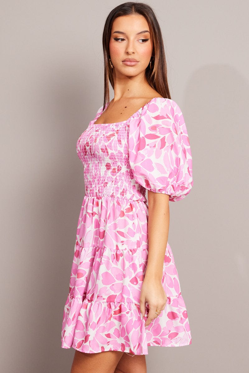 Pink Floral Fit And Flare Dress Puff Sleeve for Ally Fashion