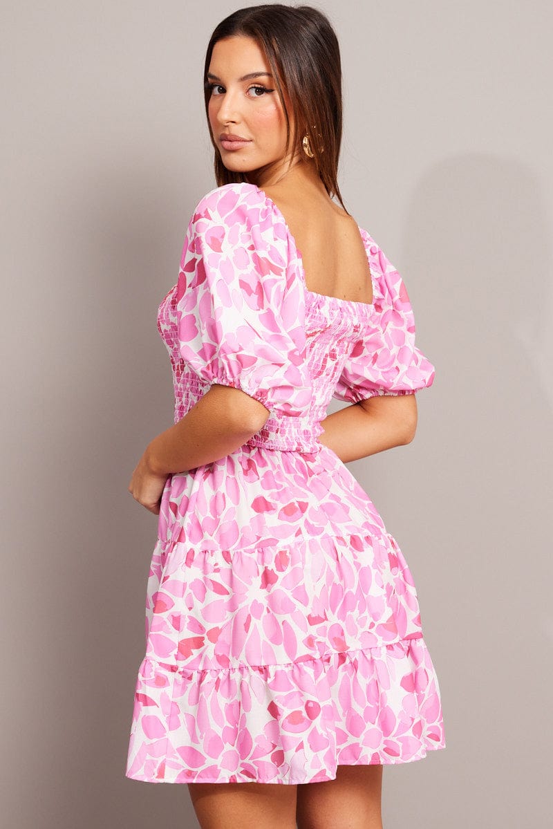 Pink Floral Fit And Flare Dress Puff Sleeve for Ally Fashion