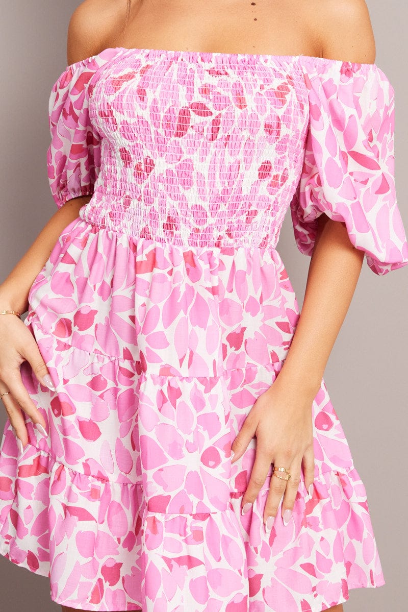 Pink Floral Fit And Flare Dress Puff Sleeve for Ally Fashion