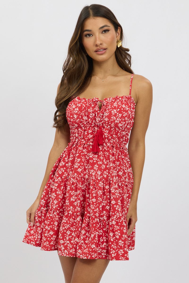 Red Ditsy Fit And Flare Dress Mini for Ally Fashion