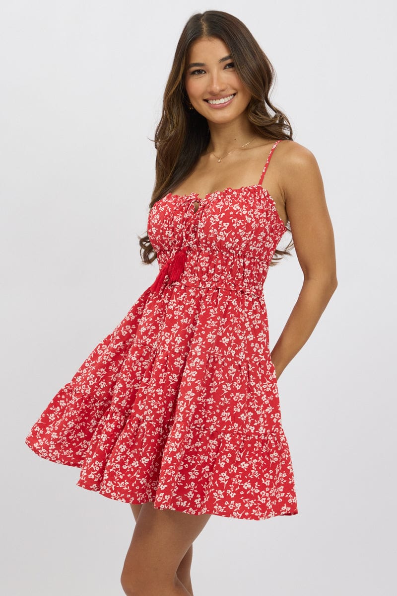 Red Ditsy Fit And Flare Dress Mini for Ally Fashion