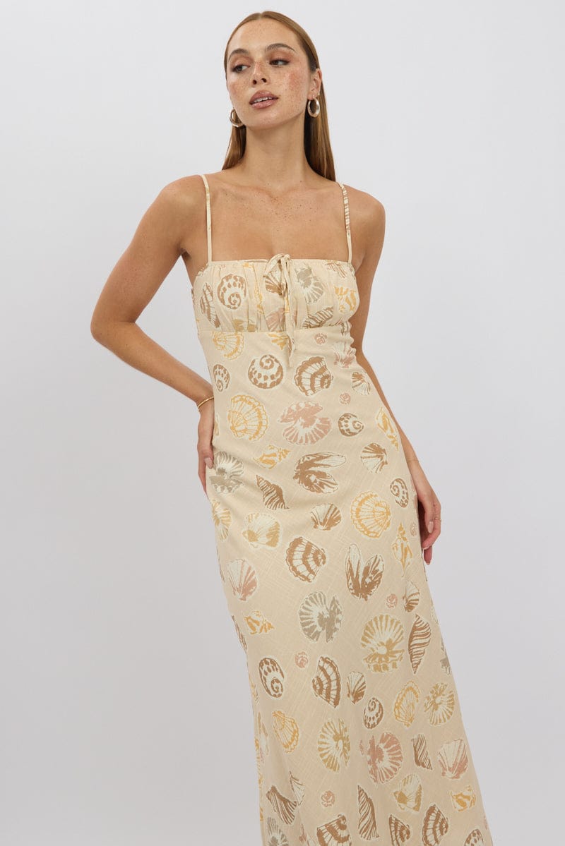 Beige Abstract Midi Dress Strappy for Ally Fashion