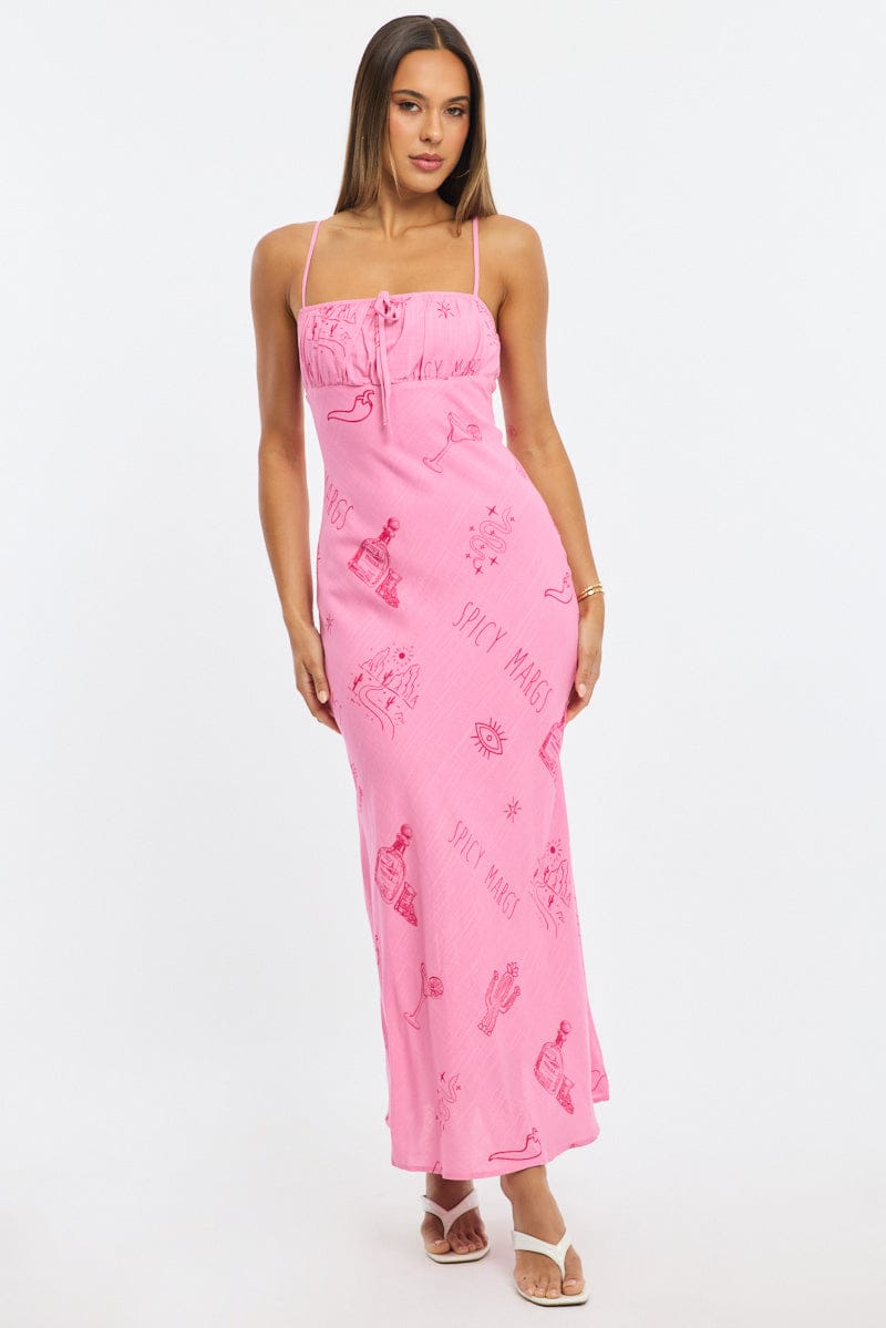 Pink Abstract Midi Dress Strappy for Ally Fashion