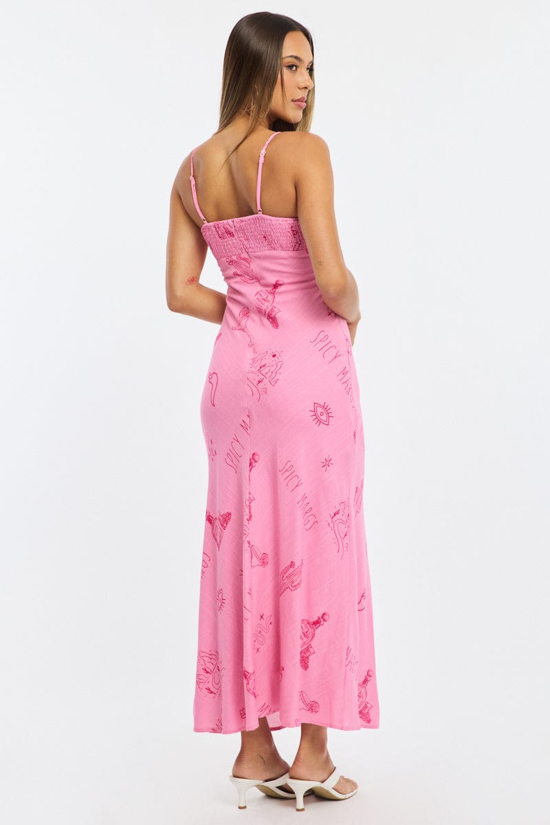 Pink Abstract Midi Dress Strappy for Ally Fashion