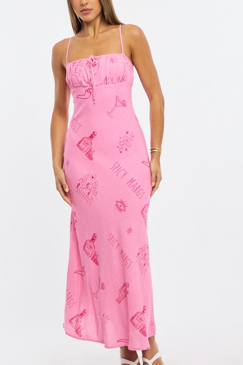 Pink Abstract Midi Dress Strappy for Ally Fashion
