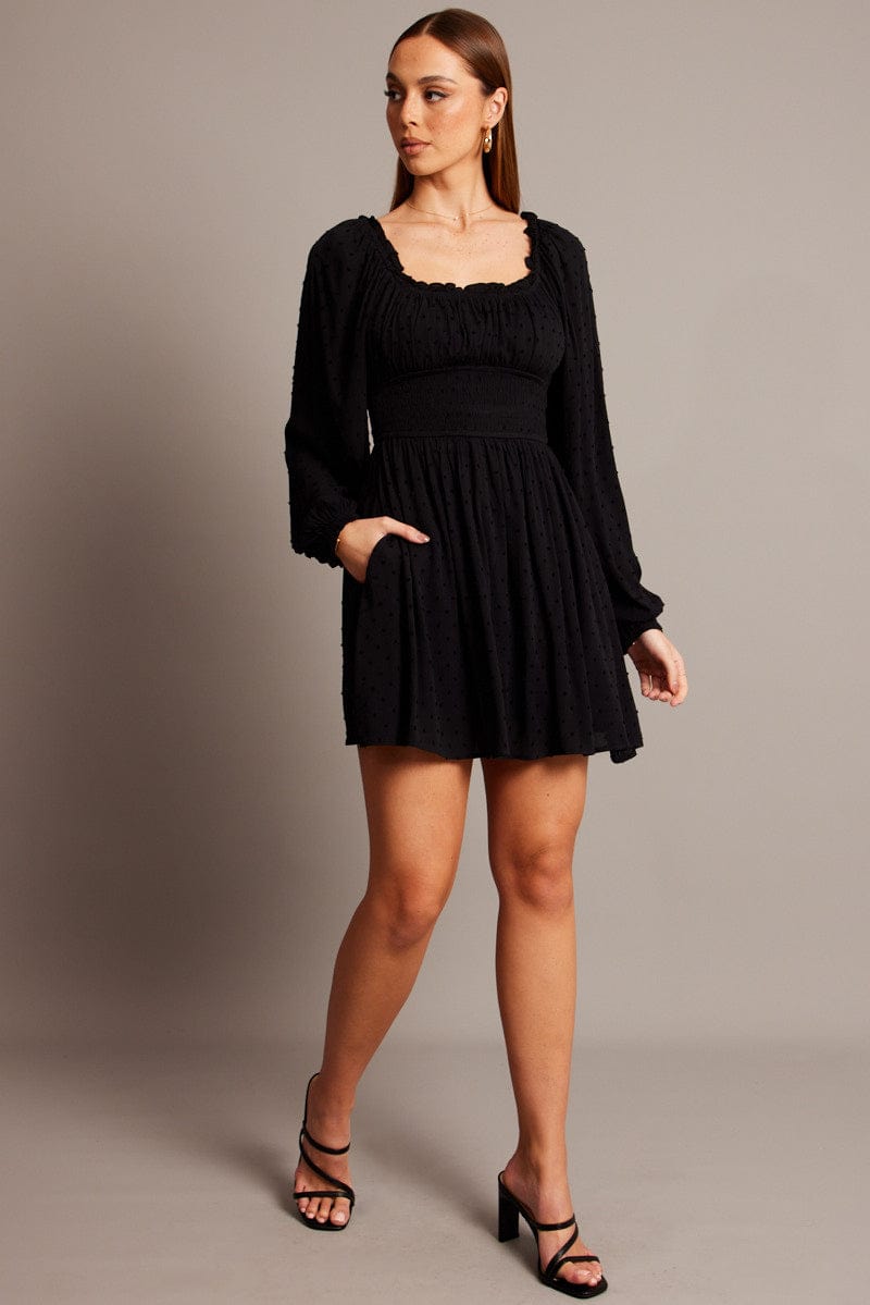 Black Fit And Flare Dress Long Sleeve Mini for Ally Fashion