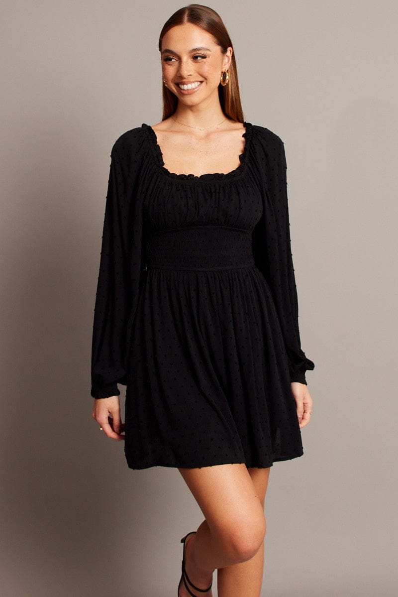 Black Fit And Flare Dress Long Sleeve Mini for Ally Fashion