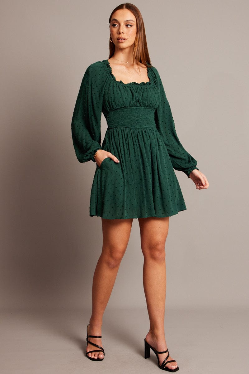 Green Fit And Flare Dress Long Sleeve Mini for Ally Fashion