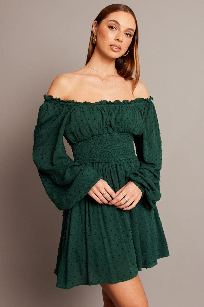 Green Fit And Flare Dress Long Sleeve Mini for Ally Fashion