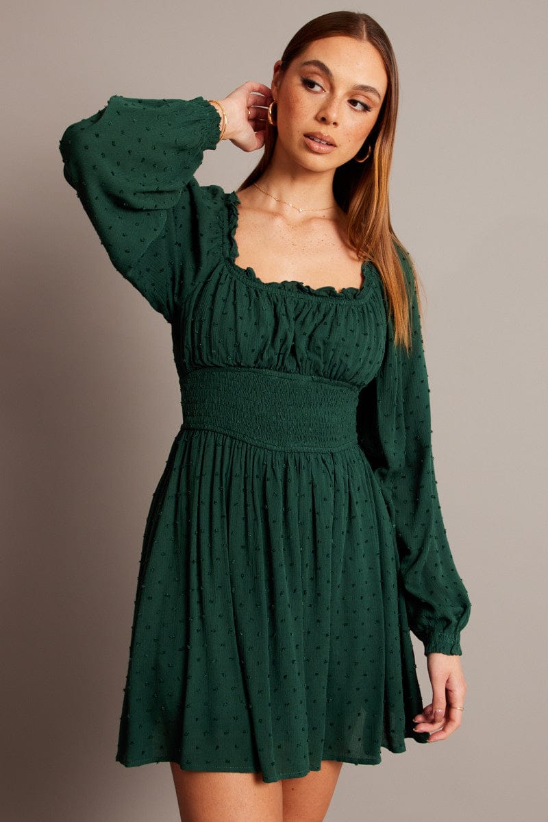 Green Fit And Flare Dress Long Sleeve Mini for Ally Fashion