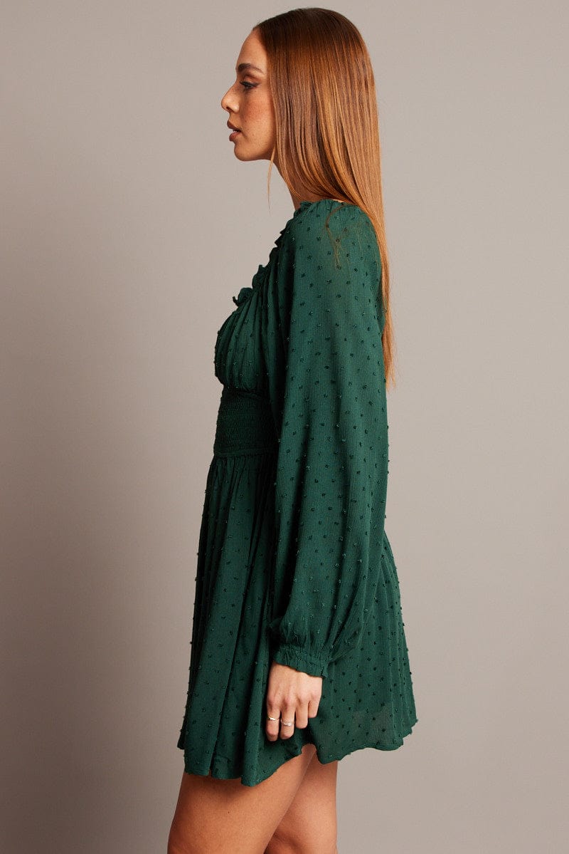 Green Fit And Flare Dress Long Sleeve Mini for Ally Fashion